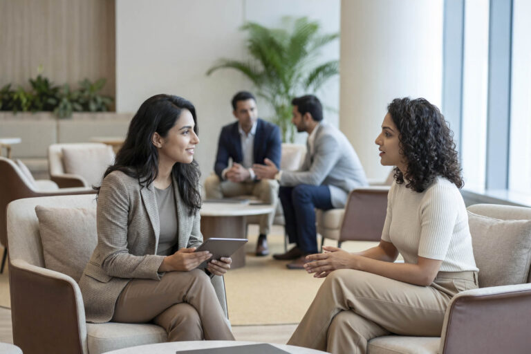 an executive coach sitting with a client