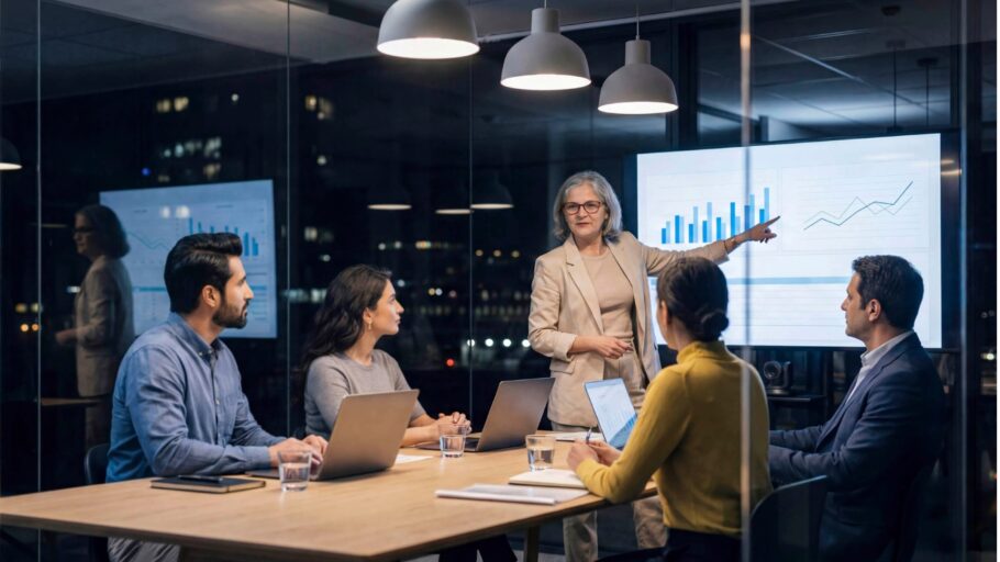 Women giving presentation to stakeholders